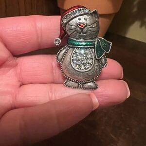 Signed TC Vintage Pewter Finish Enamel Crystal Cat Christmas Pin/Brooch